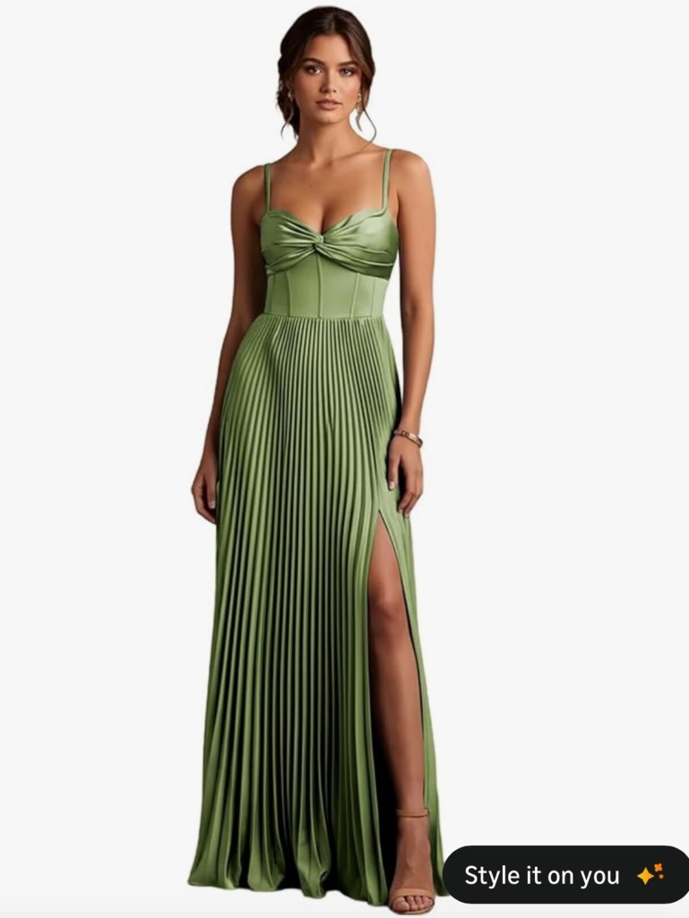 Green Pleated Maxi Dress with Twist Bodice